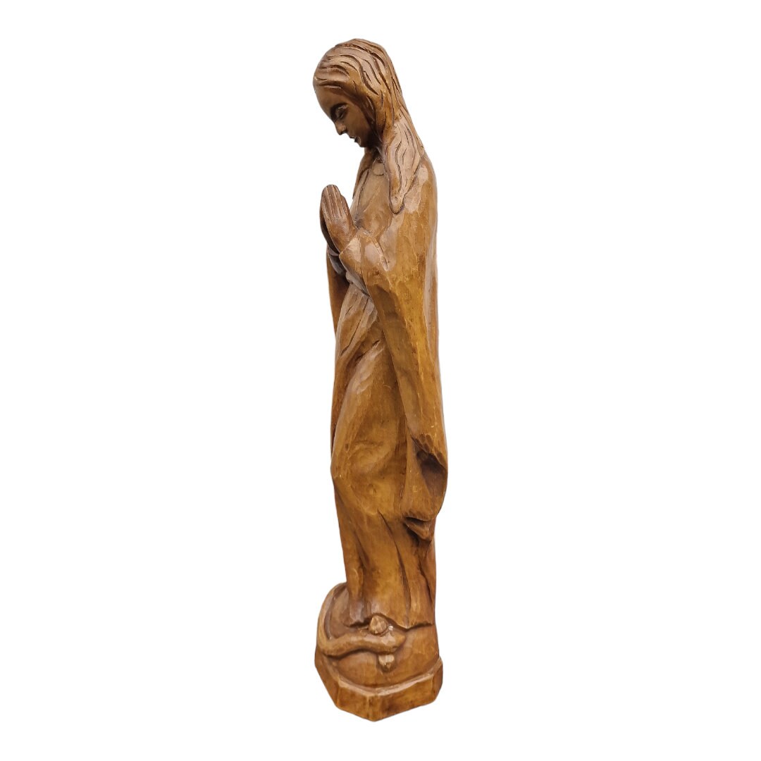 Limburgs kloosterhouten sculptuur 44 cm grote Art Deco houtsnijwerk Madonna, maria holland