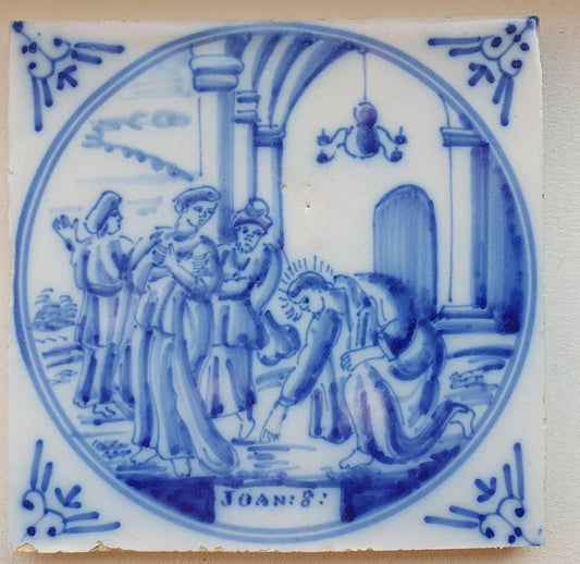 Antique Delft Blue Tile, Biblical Scene, Ox Head Corner Motif