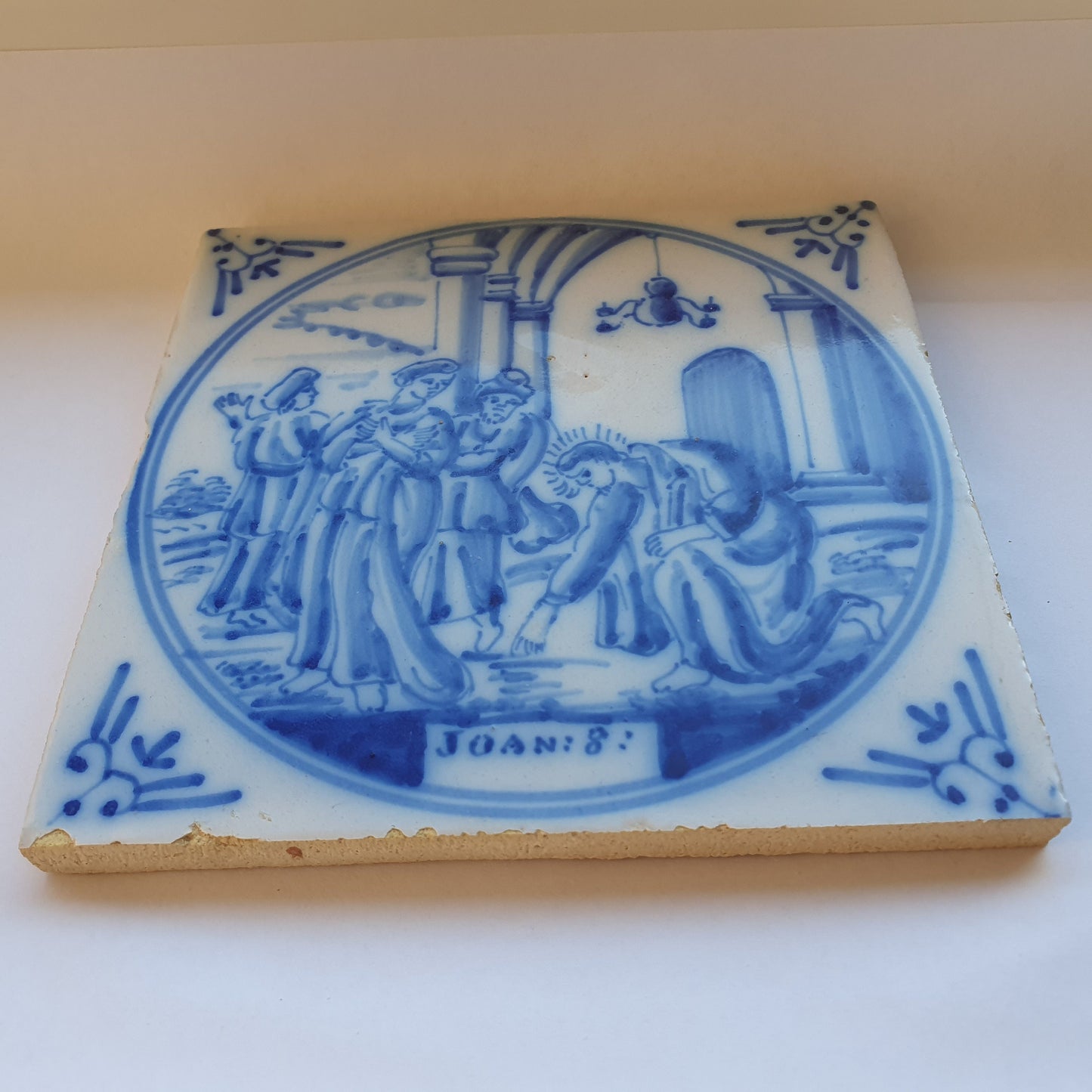 Antique Delft Blue Tile, Biblical Scene, Ox Head Corner Motif