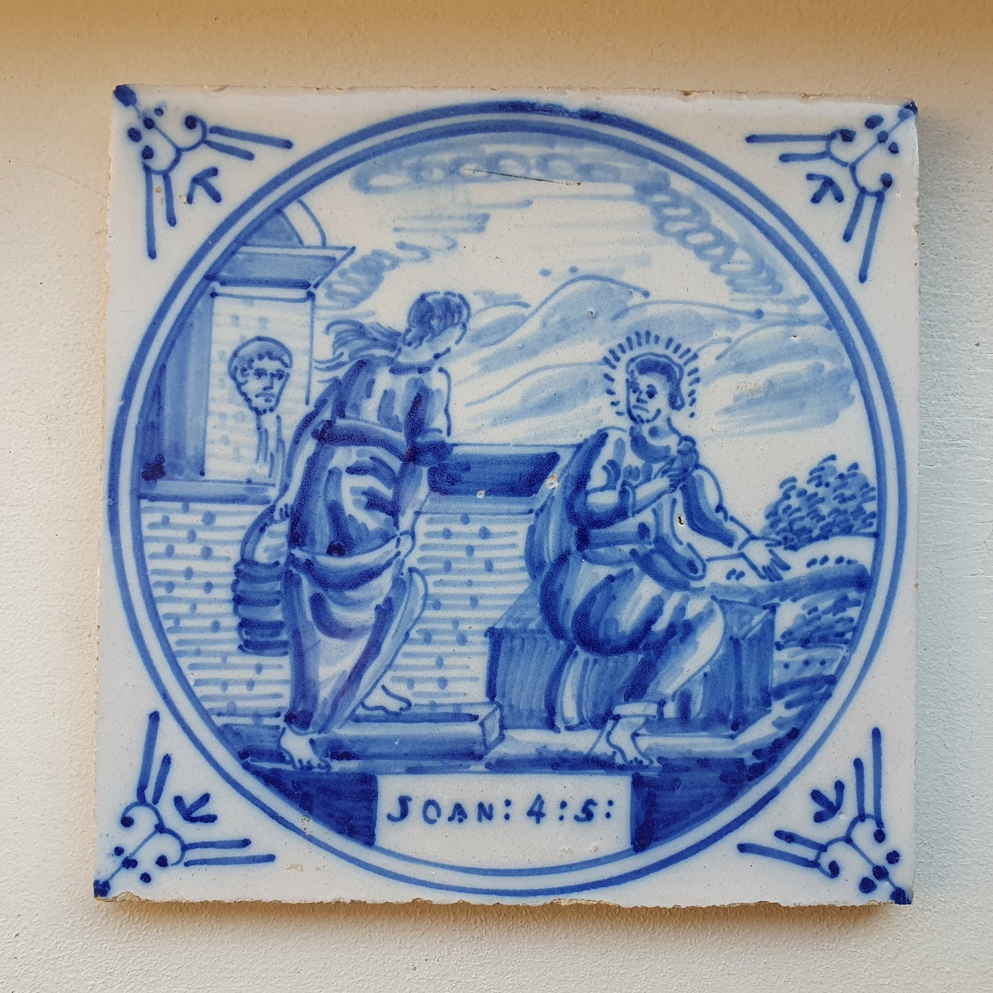 Antique Delft Blue Tile, Biblical Scene, ca 1900