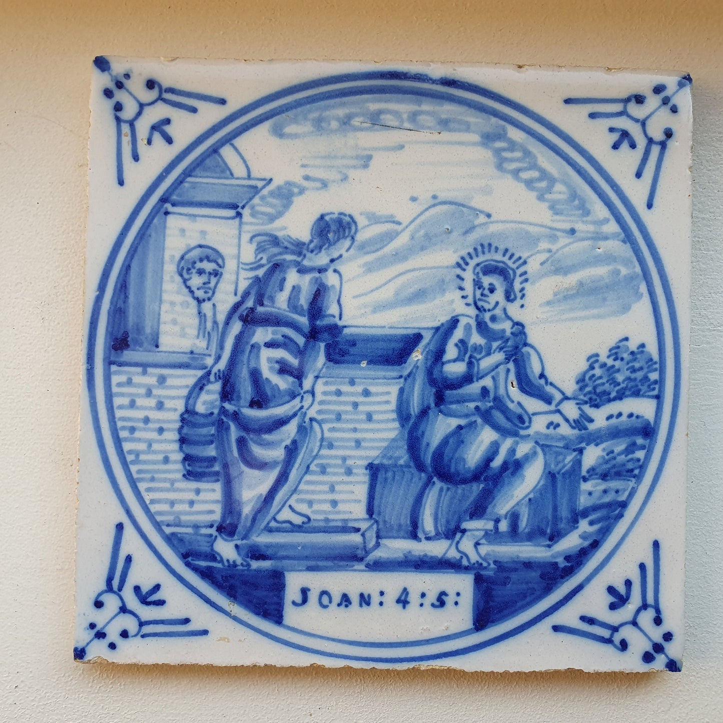 Antique Delft Blue Tile, Biblical Scene, ca 1900