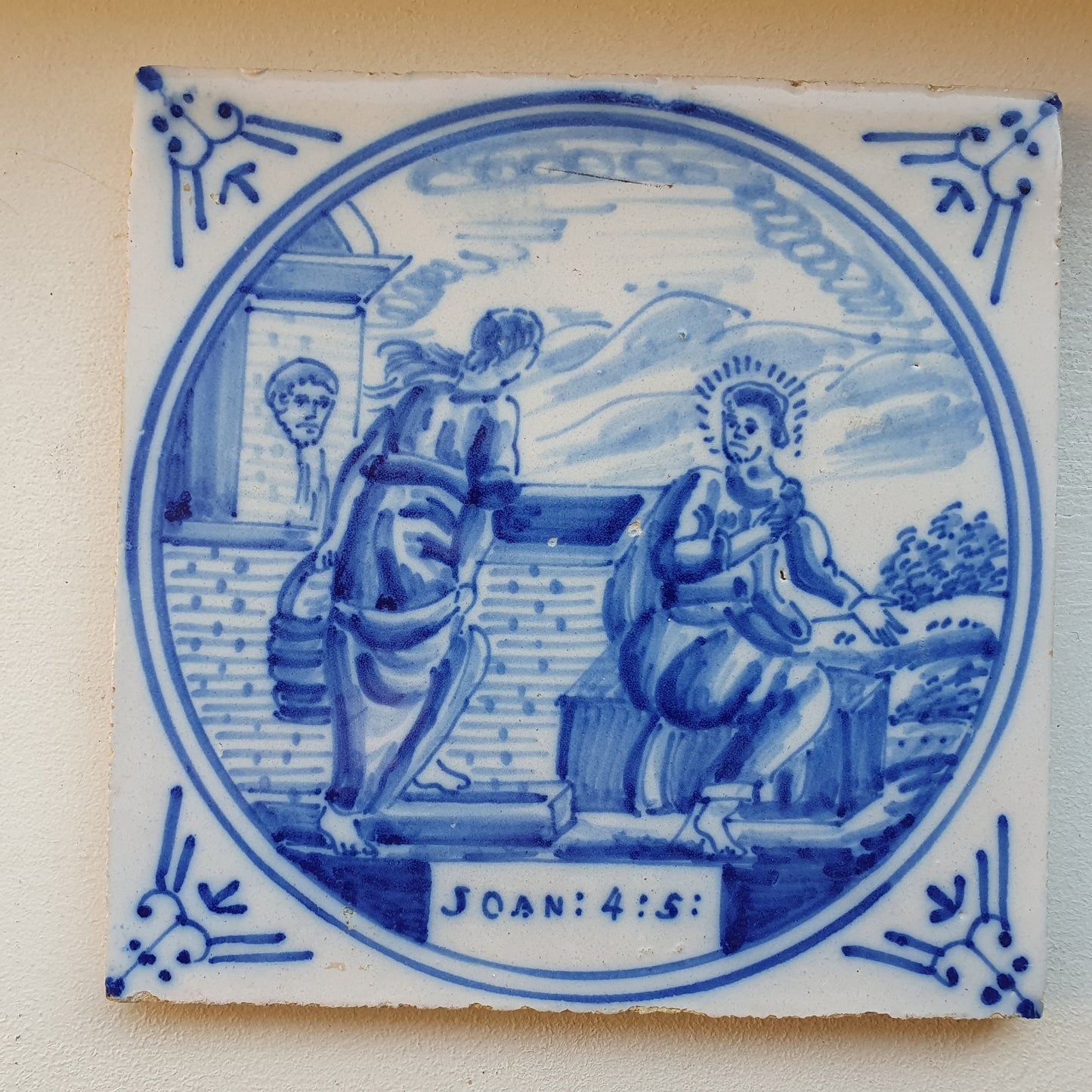 Antique Delft Blue Tile, Biblical Scene, ca 1900