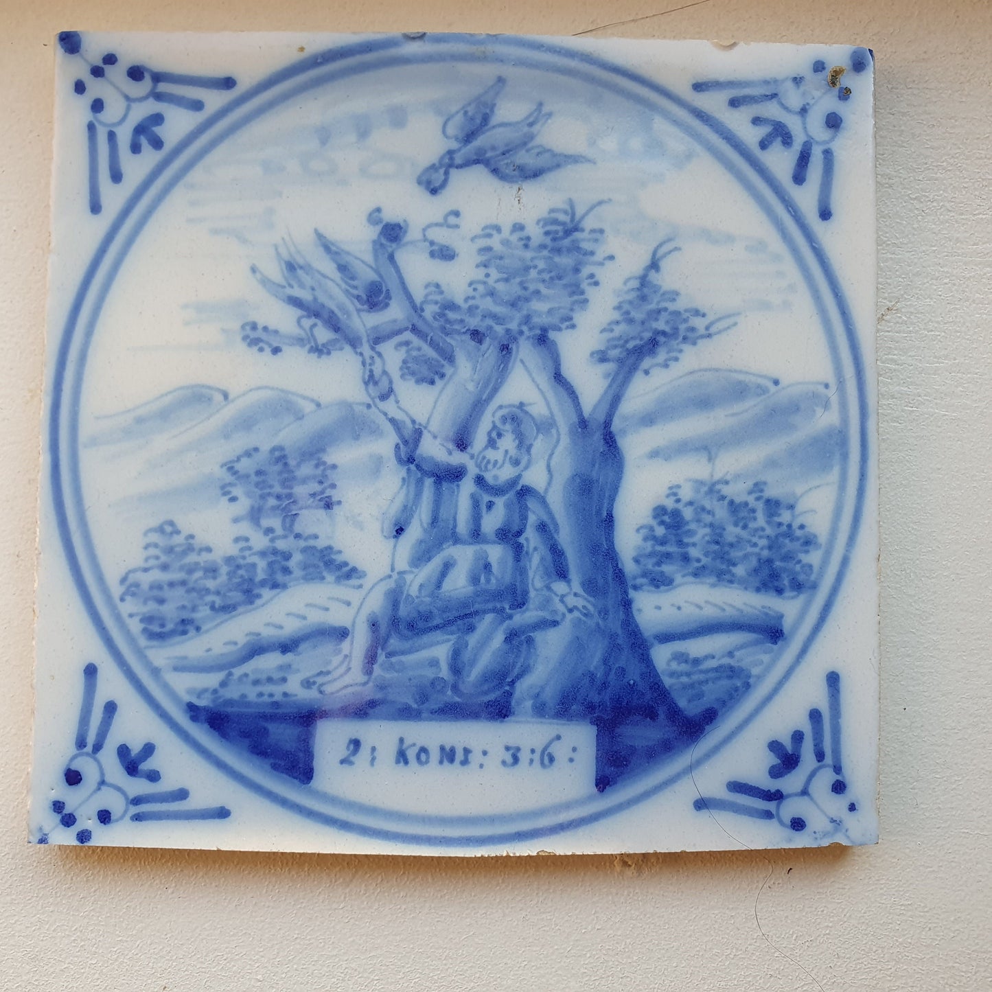 Antique Delft Blue Tile, Biblical Scene, Ox Head Corner, ca 1900