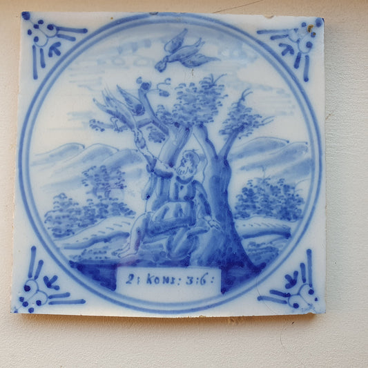 Antique Delft Blue Tile, Biblical Scene, Ox Head Corner, ca 1900
