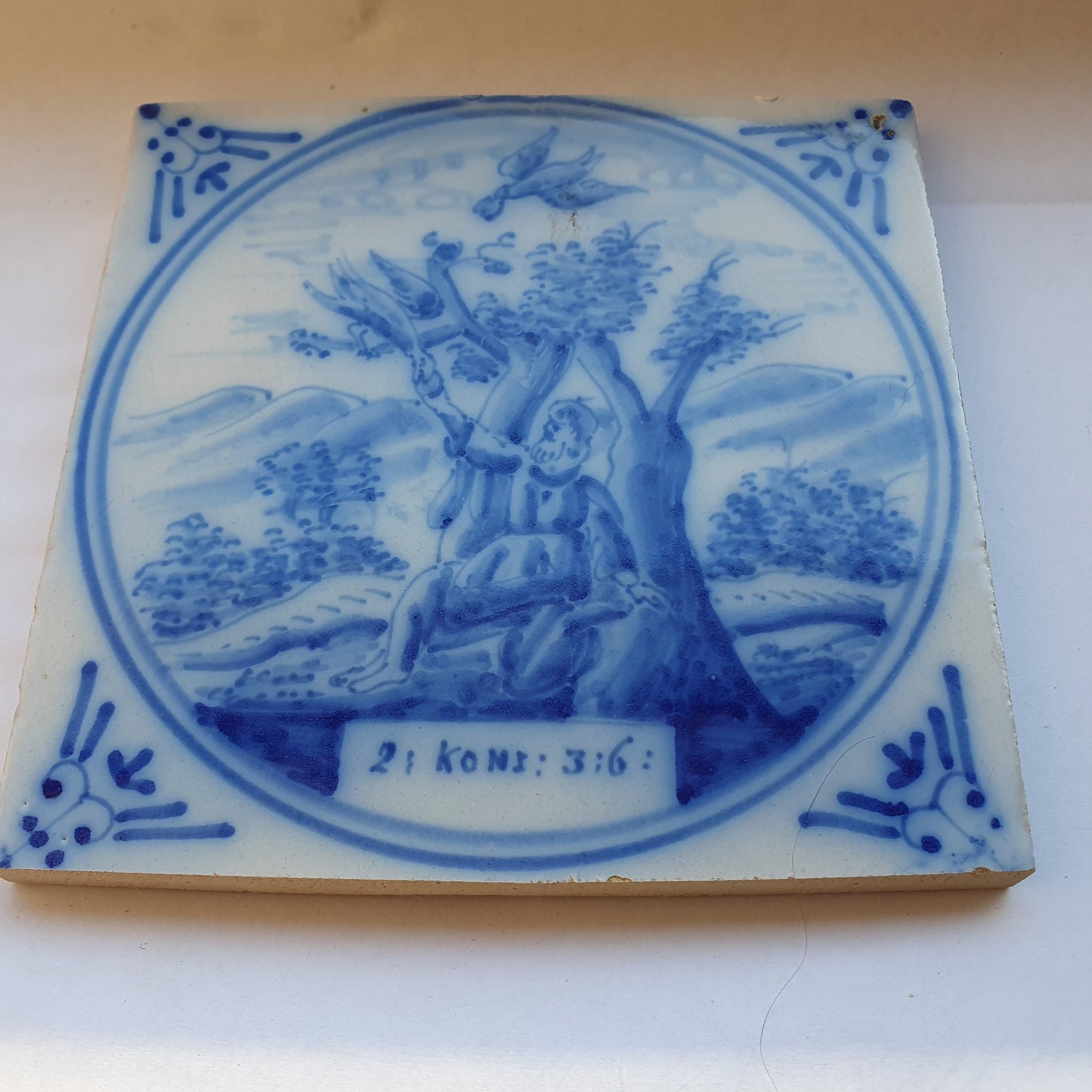 Antique Delft Blue Tile, Biblical Scene, Ox Head Corner, ca 1900