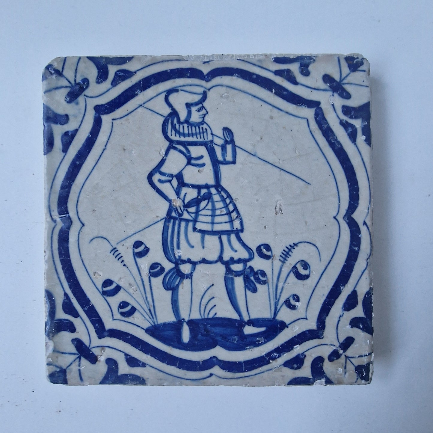 Antique Delft Blue Tile, Dutch Soldier, ca 1625