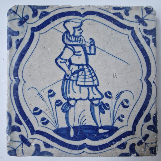 Antique Delft Blue Tile, Dutch Soldier, ca 1625