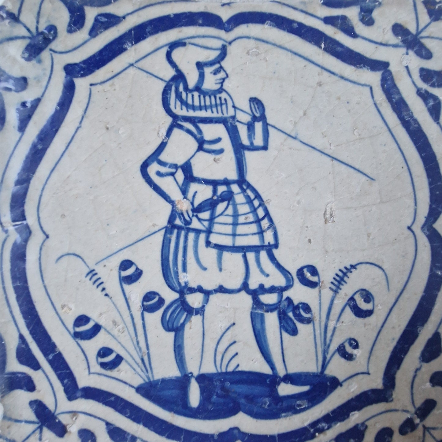 Antique Delft Blue Tile, Dutch Soldier, ca 1625