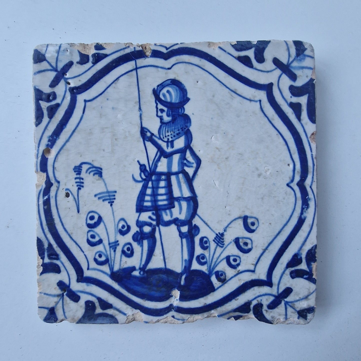 Antique Dutch Delft Tile, Meander Soldier Motif, ca 1625