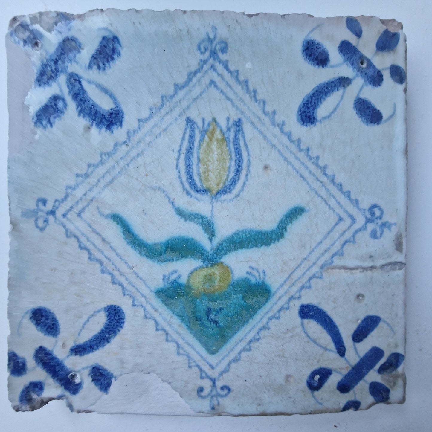 Antique Dutch Tile, Polychrome Tulip, Holland 1640