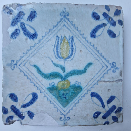 Antique Dutch Tile, Polychrome Tulip, Holland 1640