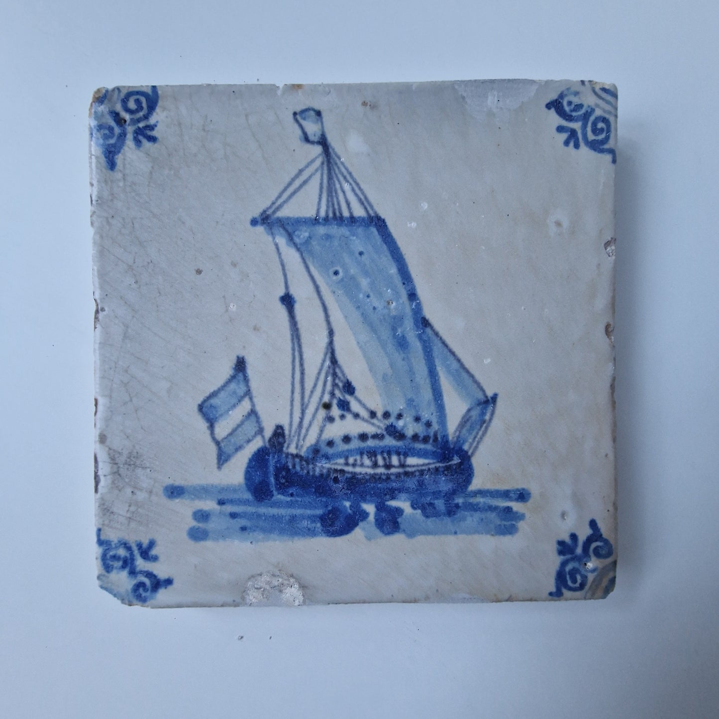 Dutch Delft Tile – 17th Century Ship, Ossenkop Motif