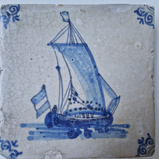 Dutch Delft Tile – 17th Century Ship, Ossenkop Motif