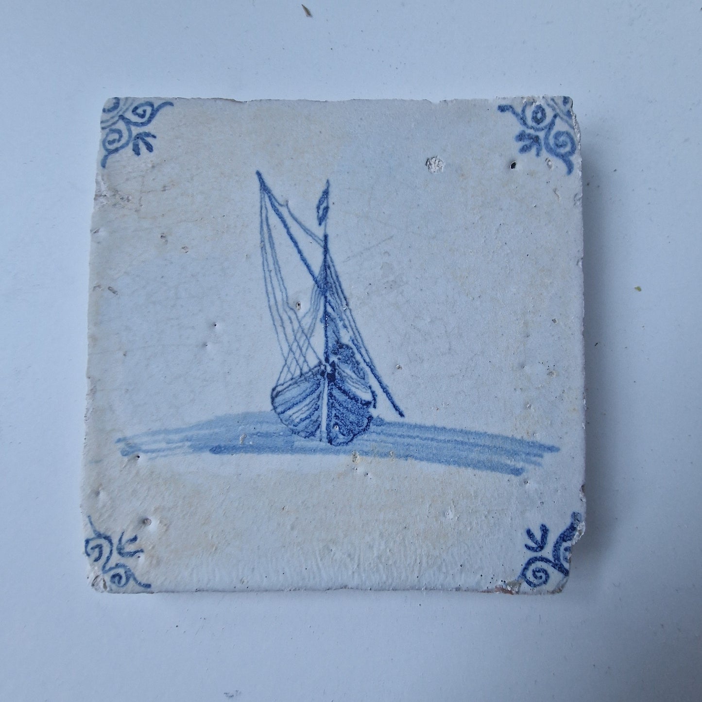 Dutch Delft Tile – 17th Century Ship, Ossenkop Motif