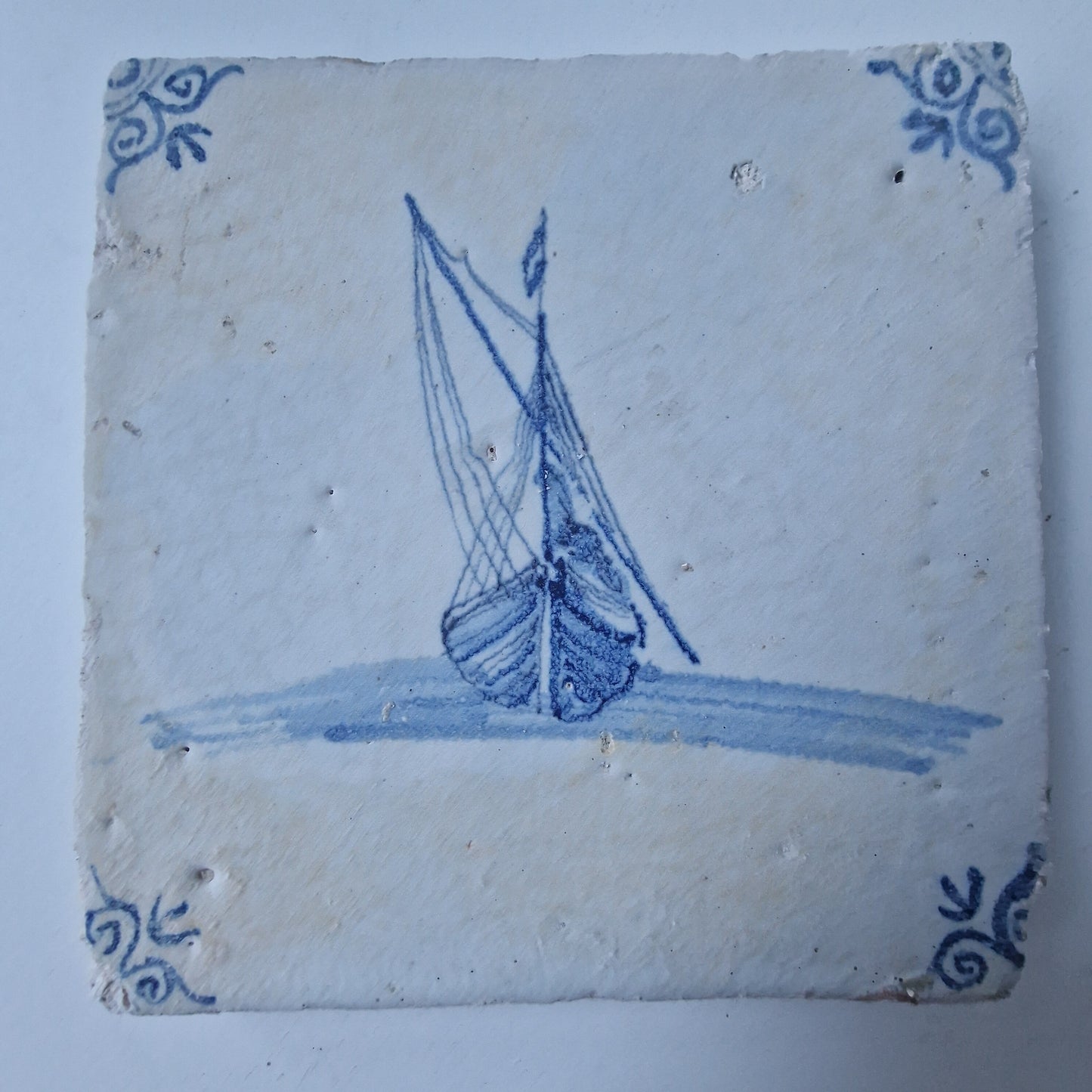 Dutch Delft Tile – 17th Century Ship, Ossenkop Motif