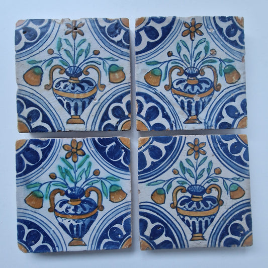 Set of 4 Antique Dutch Delft Tiles – Floral Vase, 17th Century