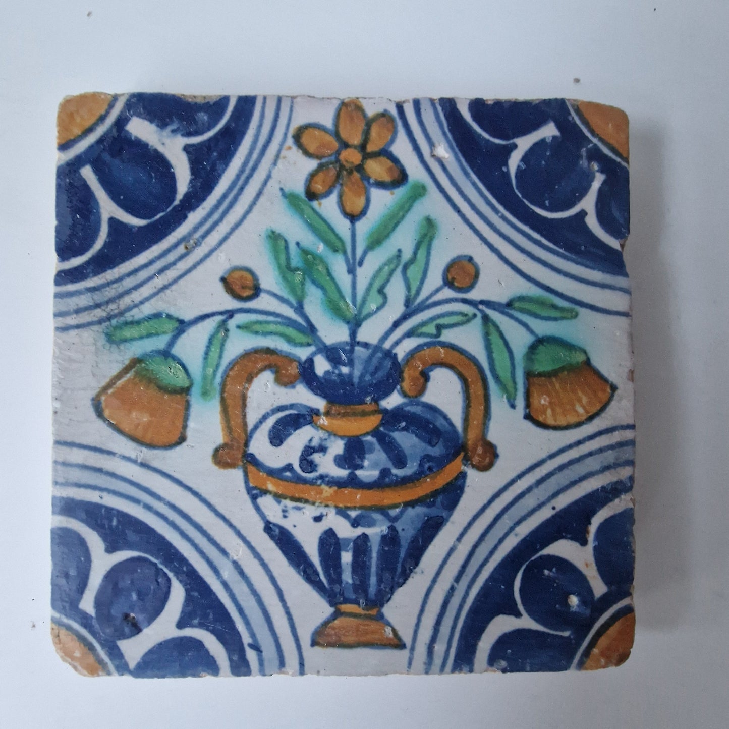 Set of 4 Antique Dutch Delft Tiles – Floral Vase, 17th Century