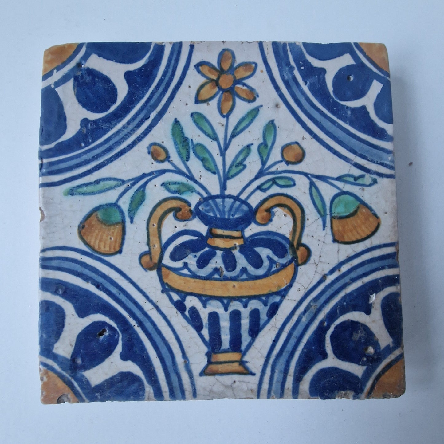 Set of 4 Antique Dutch Delft Tiles – Floral Vase, 17th Century