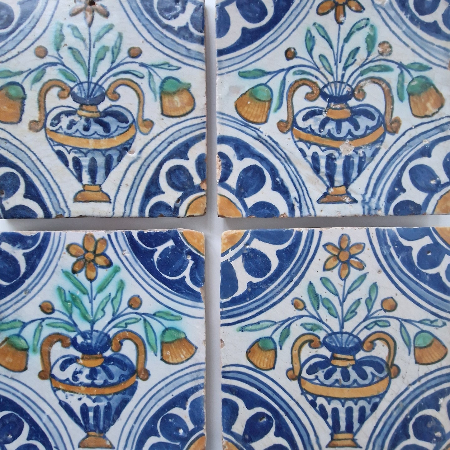 Set of 4 Antique Dutch Delft Tiles – Floral Vase, 17th Century