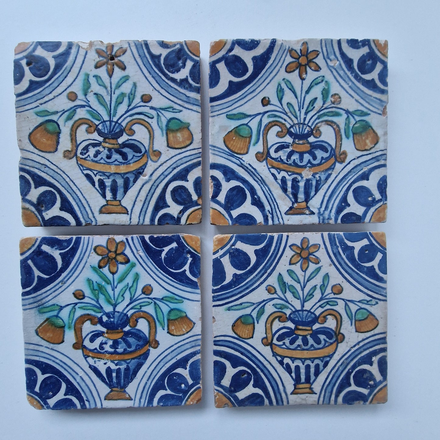 Set of 4 Antique Dutch Delft Tiles – Floral Vase, 17th Century