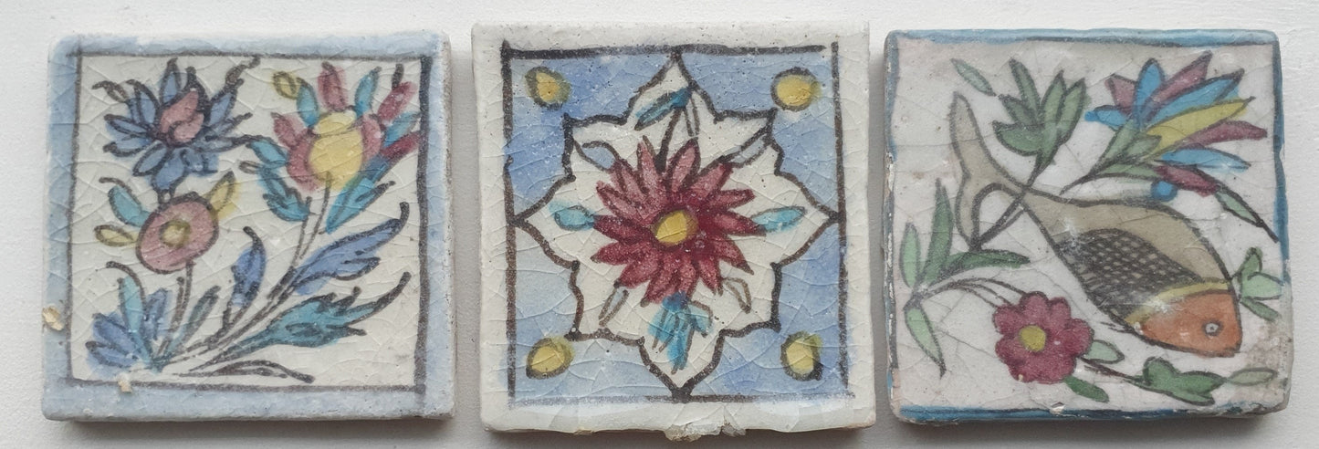 3 tiles thick handmade handpainted vintage midcentury collector tiles, polychrome eastern oosterse oosters iznik ?
