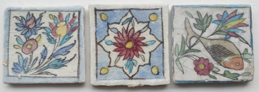 3 tiles thick handmade handpainted vintage midcentury collector tiles, polychrome eastern oosterse oosters iznik ?