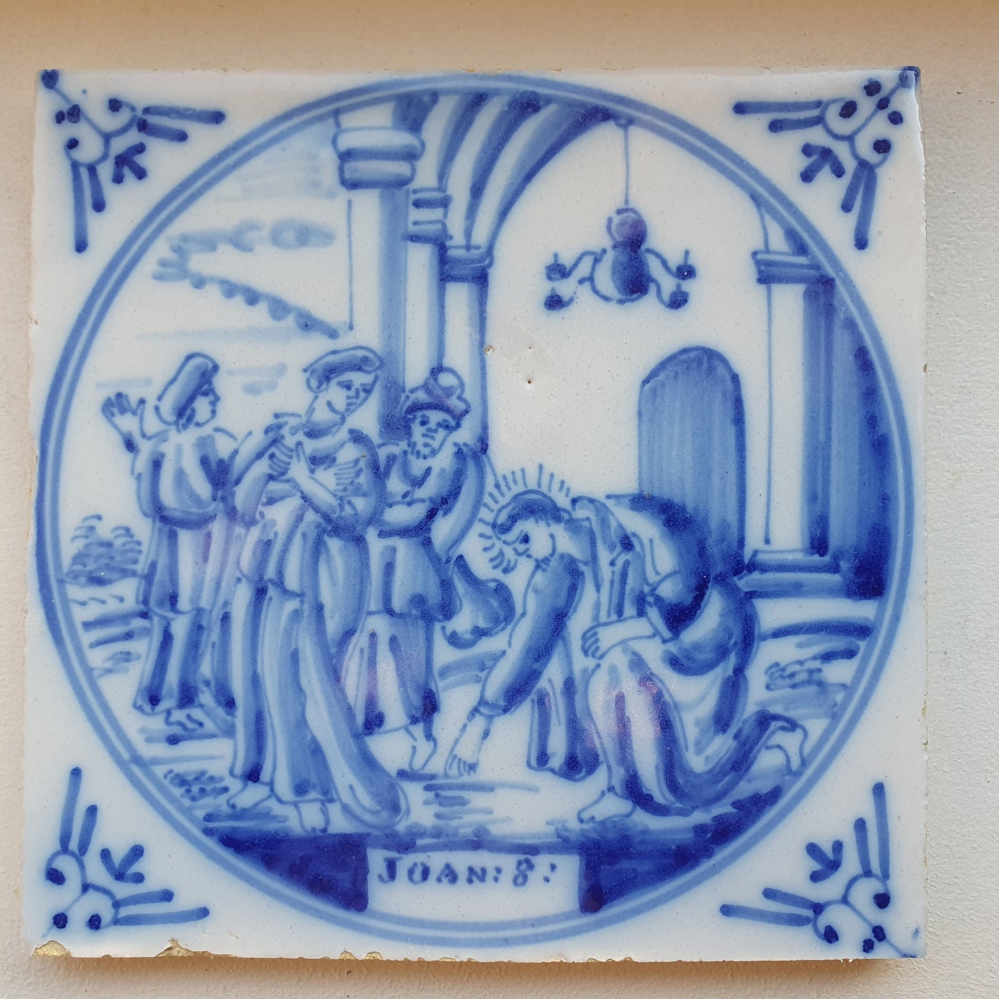 Antique Delft Blue Tile, Biblical Scene, Ox Head Corner Motif