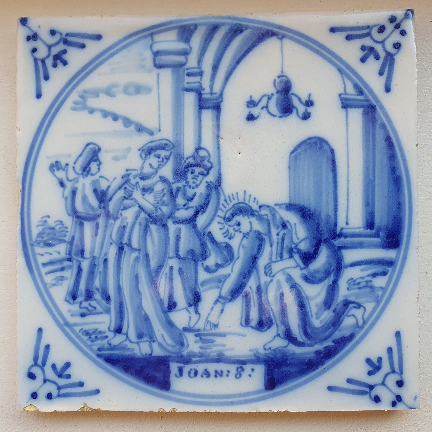 Antique Delft Blue Tile, Biblical Scene, Ox Head Corner Motif