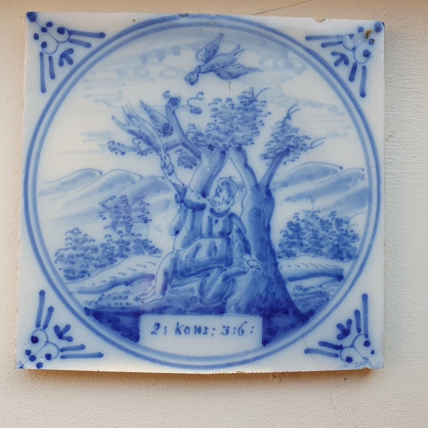 Antique Delft Blue Tile, Biblical Scene, Ox Head Corner, ca 1900