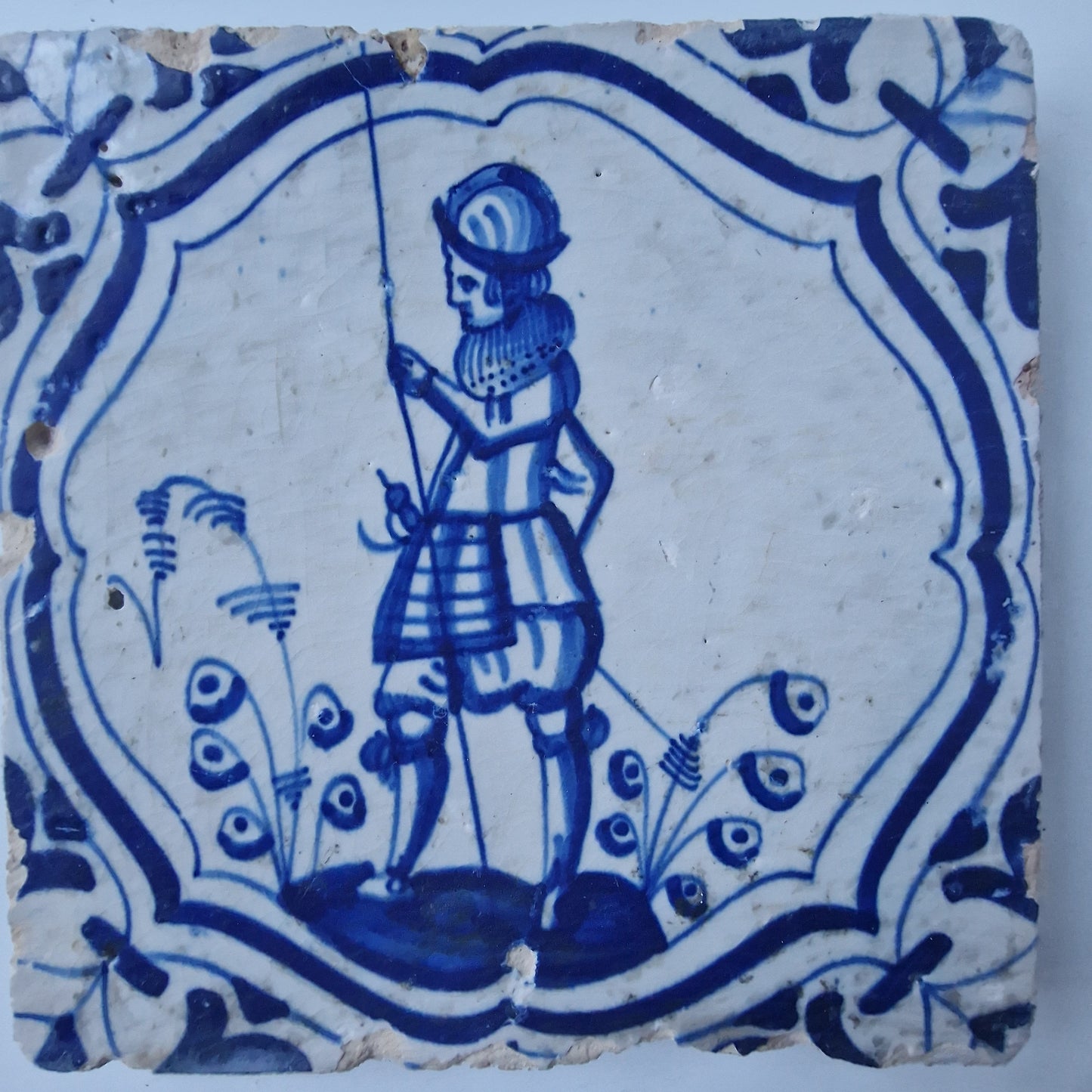 Antique Dutch Delft Tile, Meander Soldier Motif, ca 1625