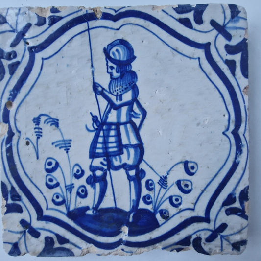 Antique Dutch Delft Tile, Meander Soldier Motif, ca 1625