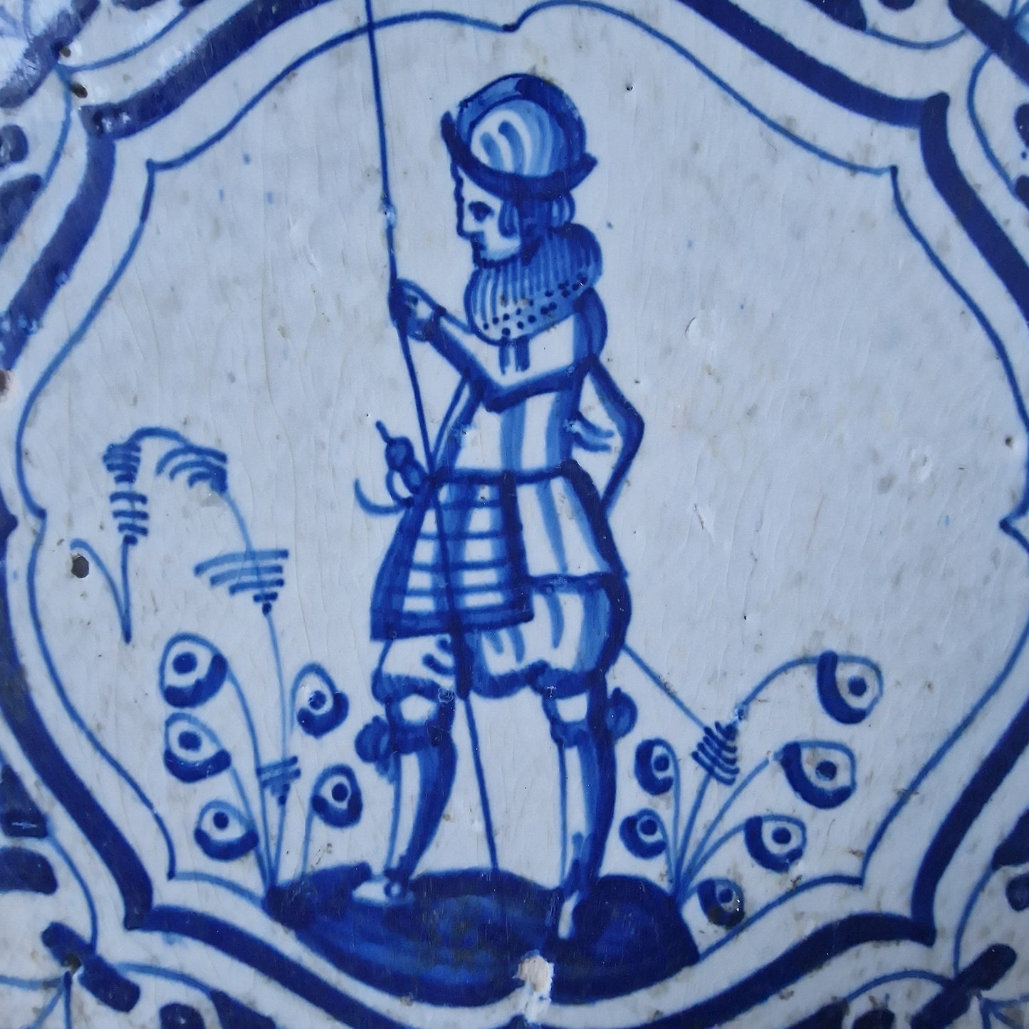 Antique Dutch Delft Tile, Meander Soldier Motif, ca 1625