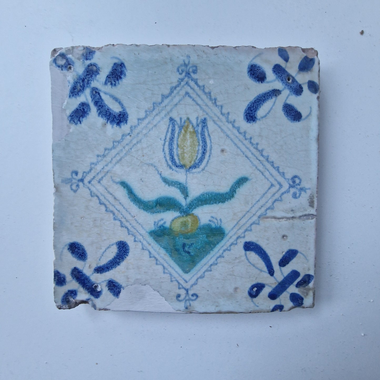 Antique Dutch Tile, Polychrome Tulip, Holland 1640