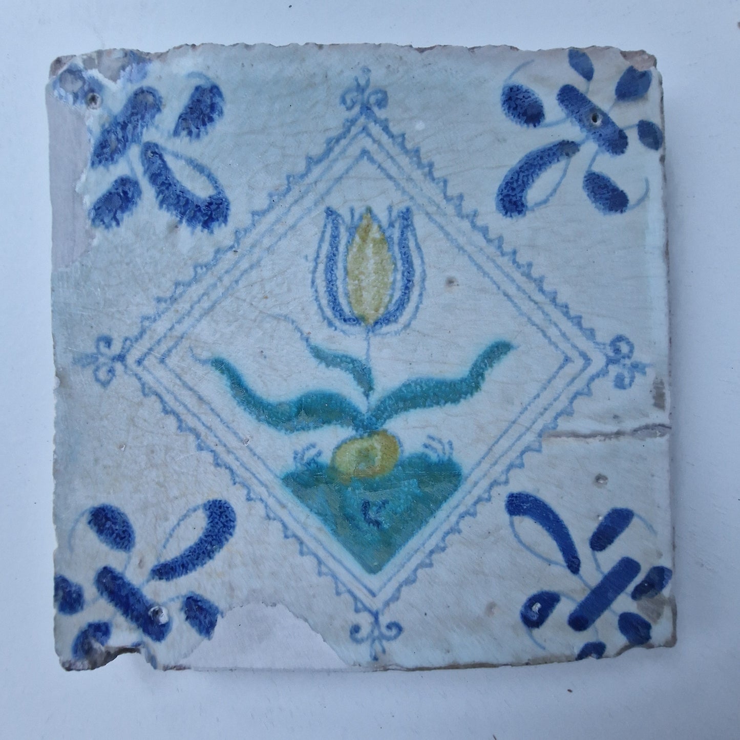 Antique Dutch Tile, Polychrome Tulip, Holland 1640