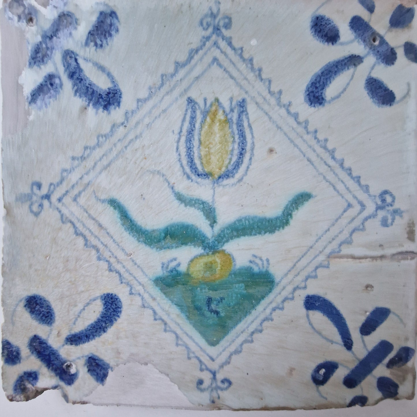 Antique Dutch Tile, Polychrome Tulip, Holland 1640