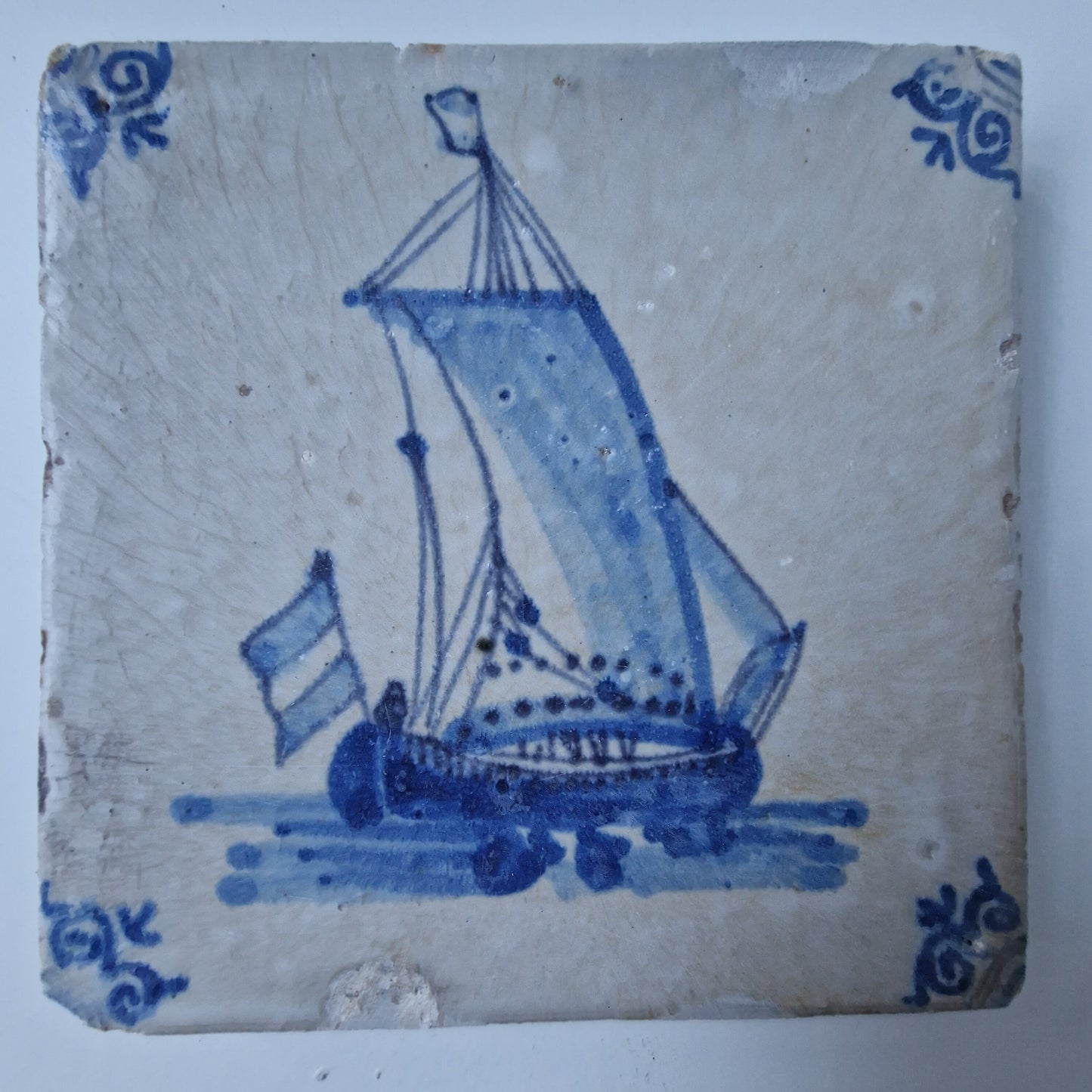 Dutch Delft Tile – 17th Century Ship, Ossenkop Motif