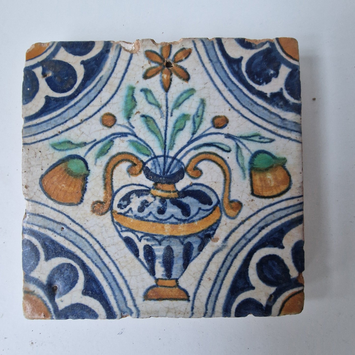 Set of 4 Antique Dutch Delft Tiles – Floral Vase, 17th Century