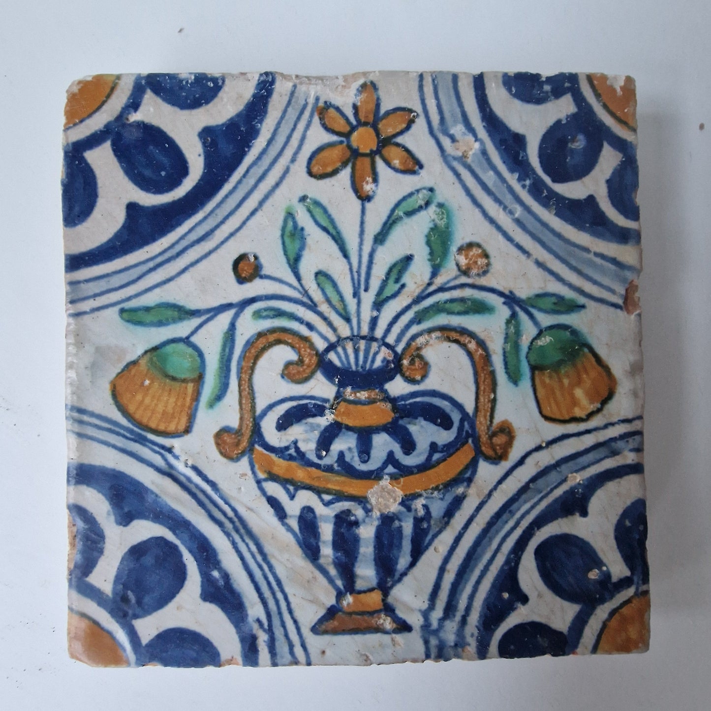 Set of 4 Antique Dutch Delft Tiles – Floral Vase, 17th Century