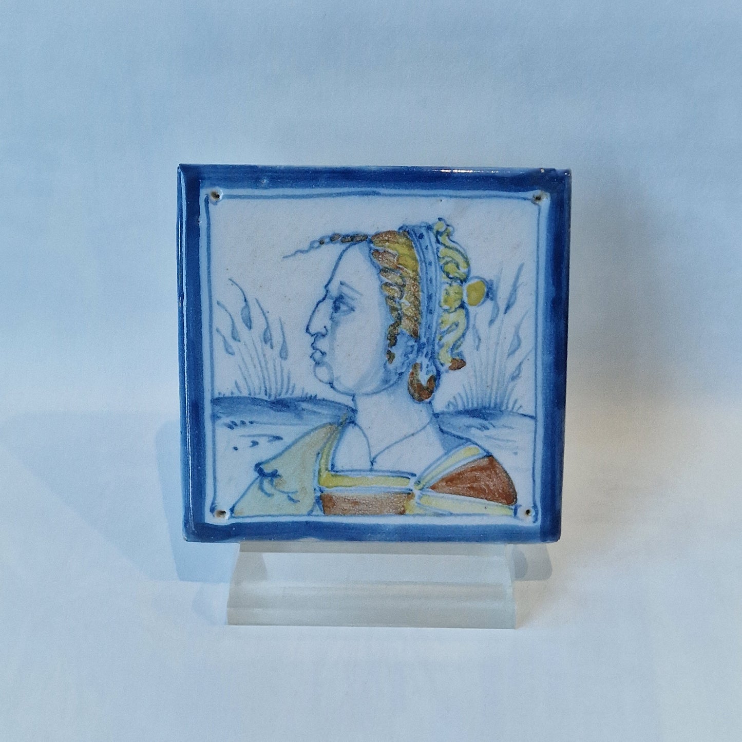 Polychrome Portrait Tile, Italian Antwerp Style, Rare Collector Item (13 x 13 cm)