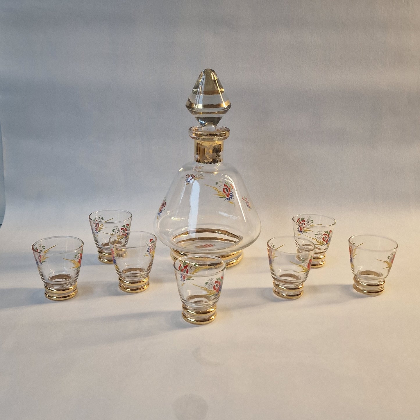 Monaco Gold Crystal Liqueur Set, Floral Decanter & 7 Glasses