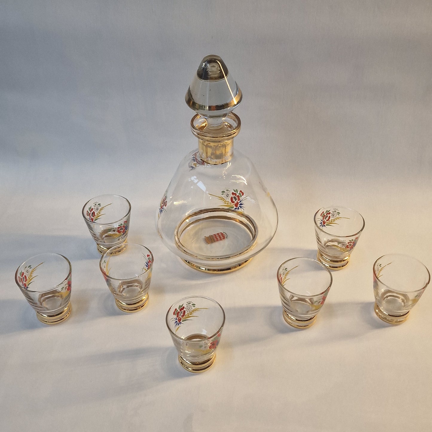Monaco Gold Crystal Liqueur Set, Floral Decanter & 7 Glasses