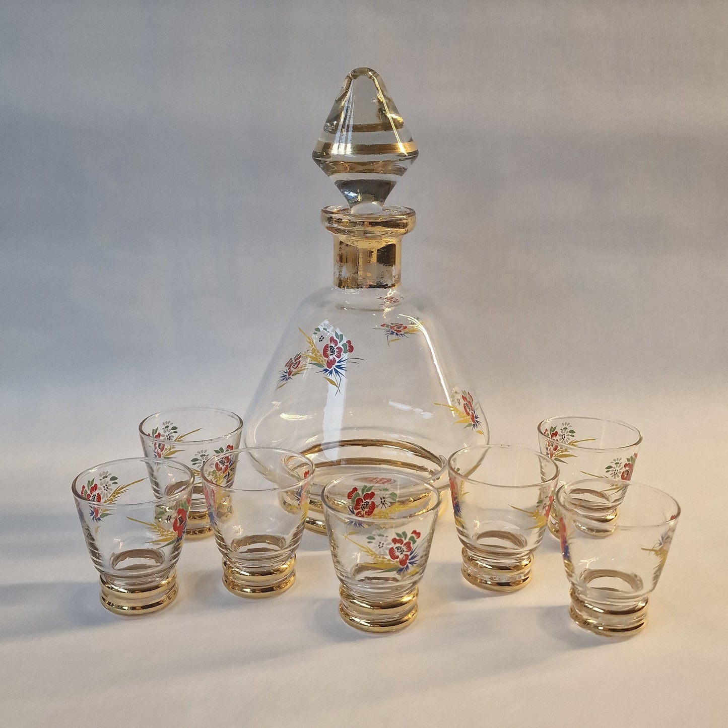 Monaco Gold Crystal Liqueur Set, Floral Decanter & 7 Glasses