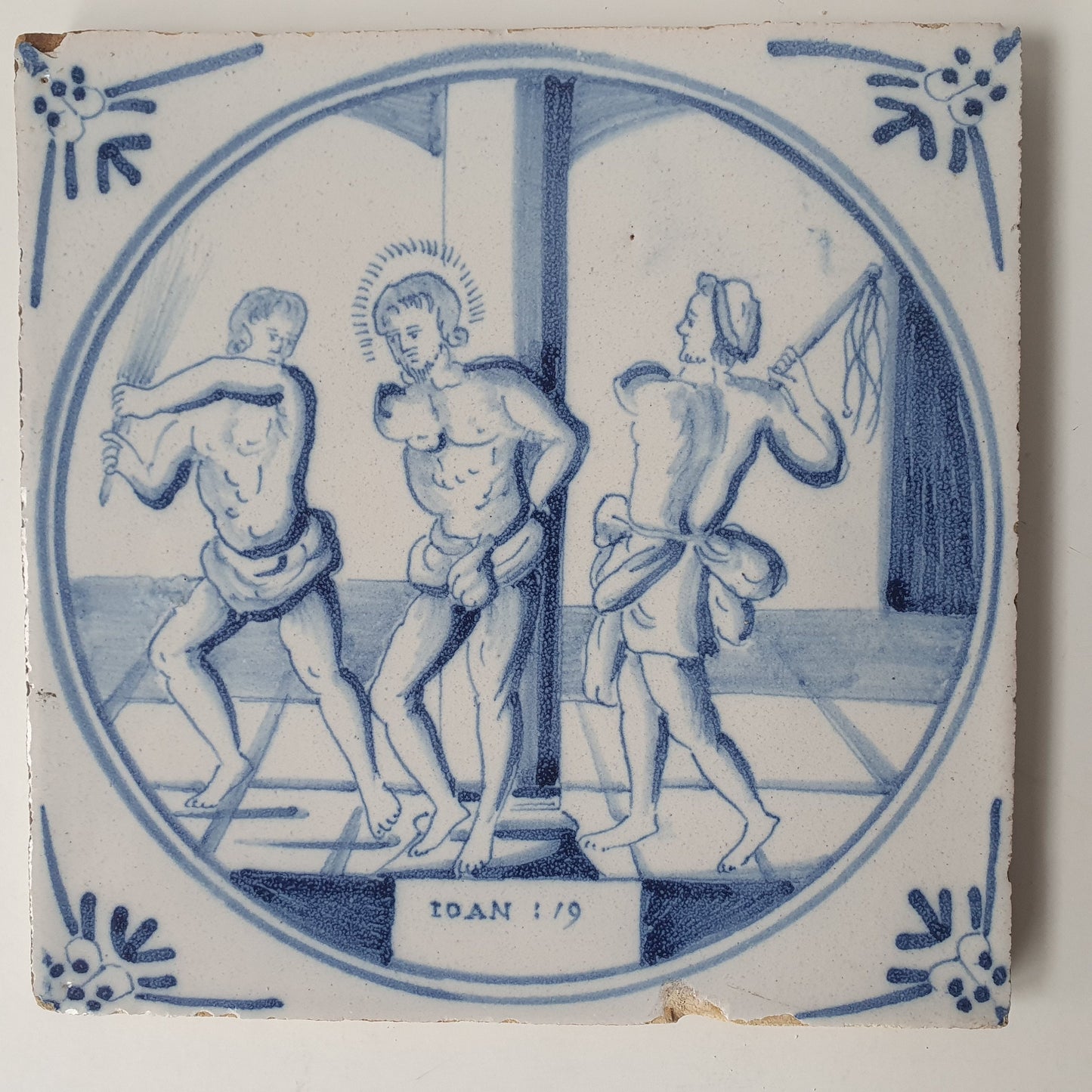 Antique Delft Blue Tile, Biblical Scene, Oxhead Corner Motif, 1840