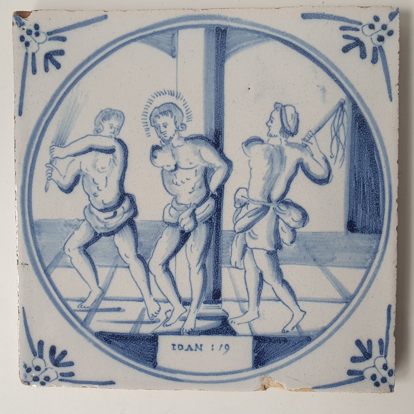 Antique Delft Blue Tile, Biblical Scene, Oxhead Corner Motif, 1840