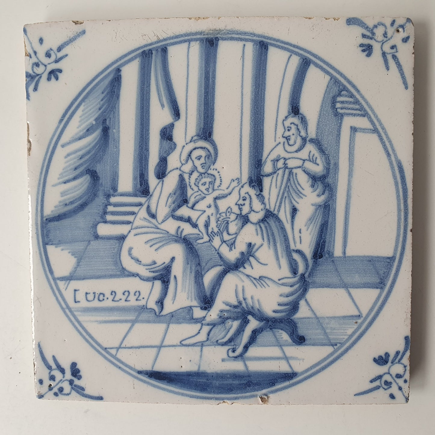 Antique Delft Blue Tile, Biblical Scene, Ox Head Motif, ca 1840