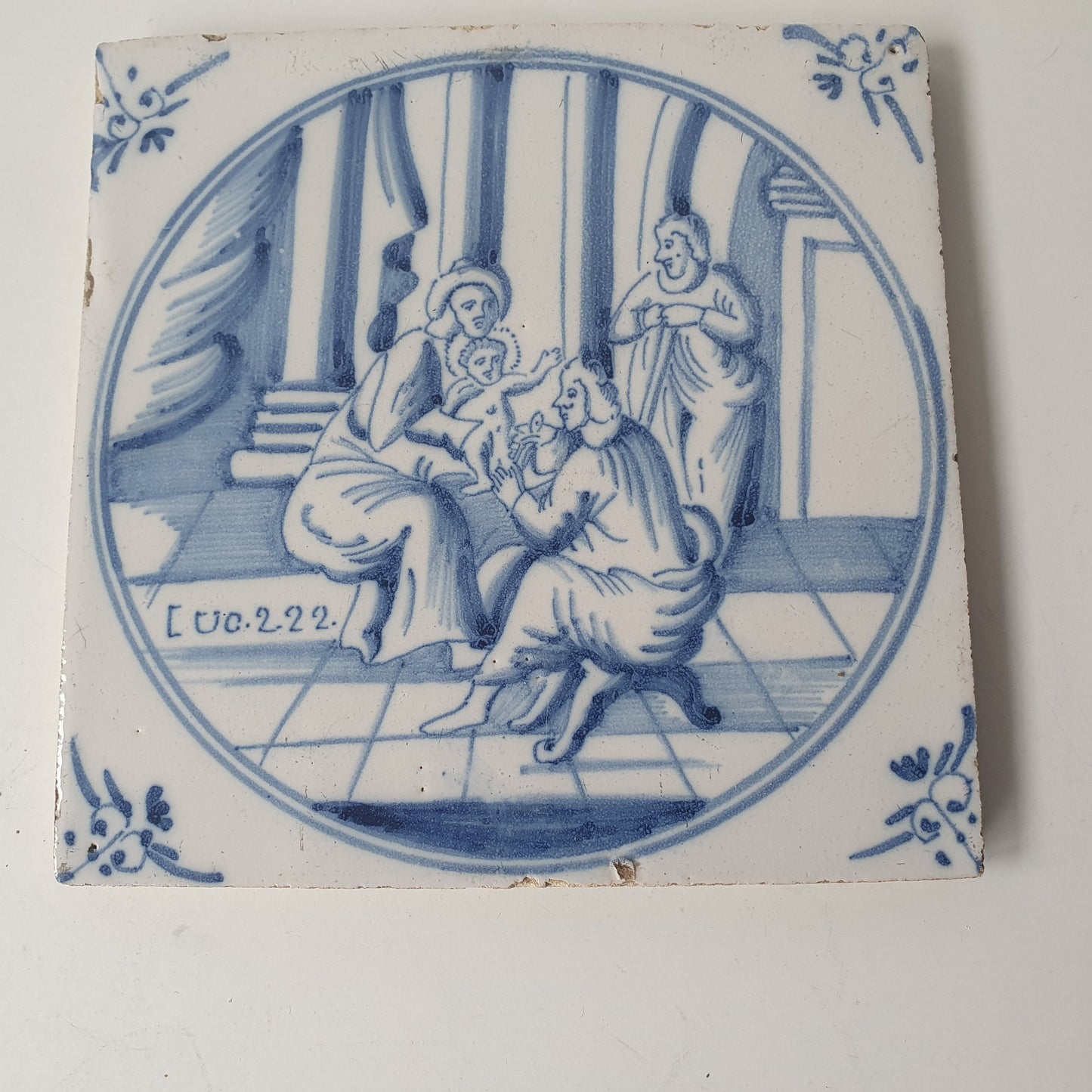 Antique Delft Blue Tile, Biblical Scene, Ox Head Motif, ca 1840