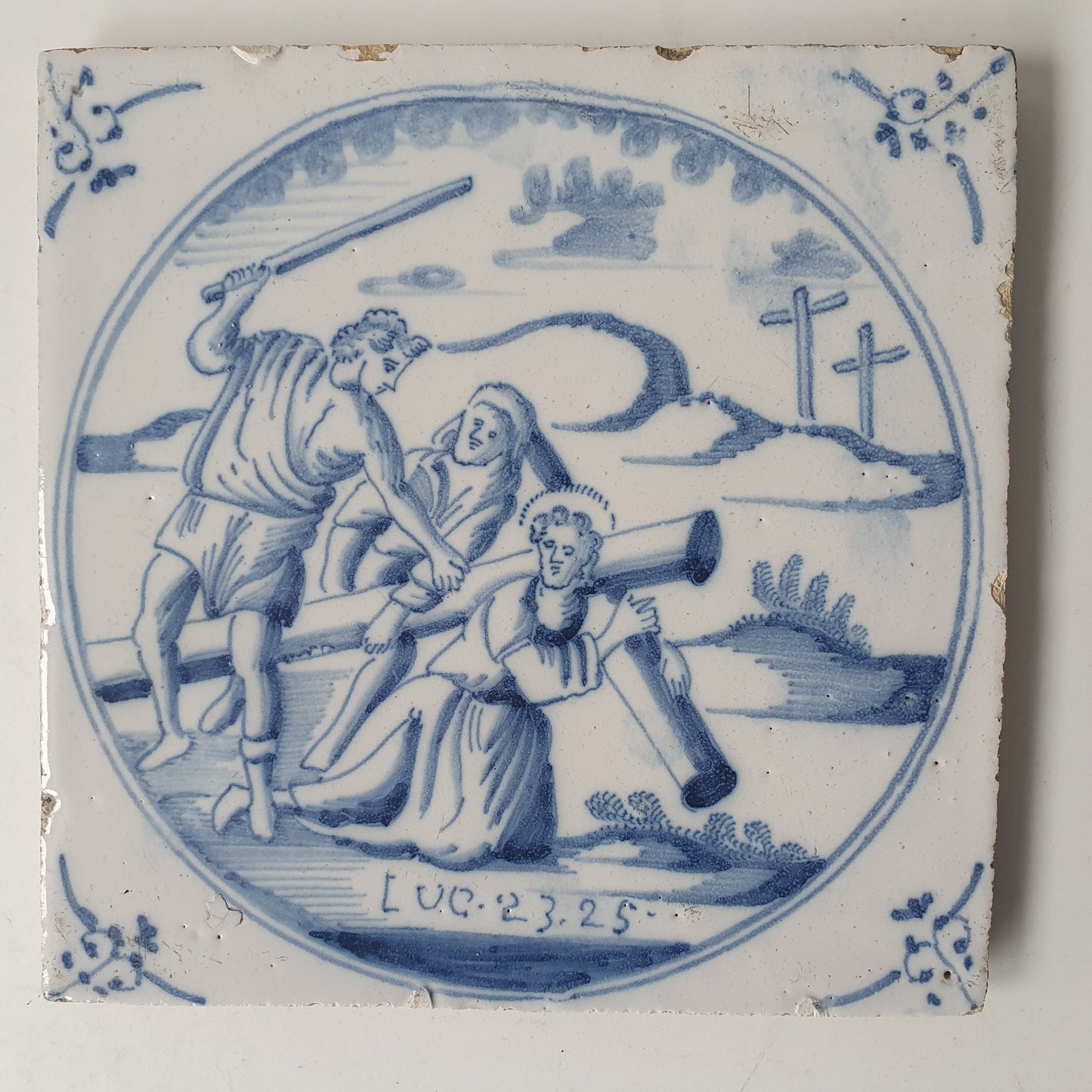 Antique Delft Blue Tile, Biblical Scene, Ox Head Motif, 1840