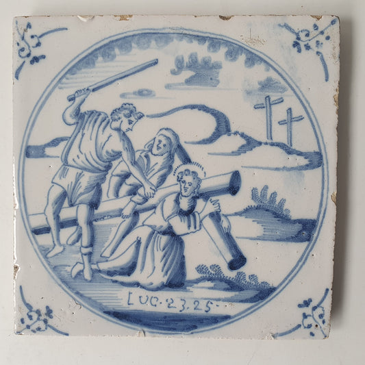 Antique Delft Blue Tile, Biblical Scene, Ox Head Motif, 1840
