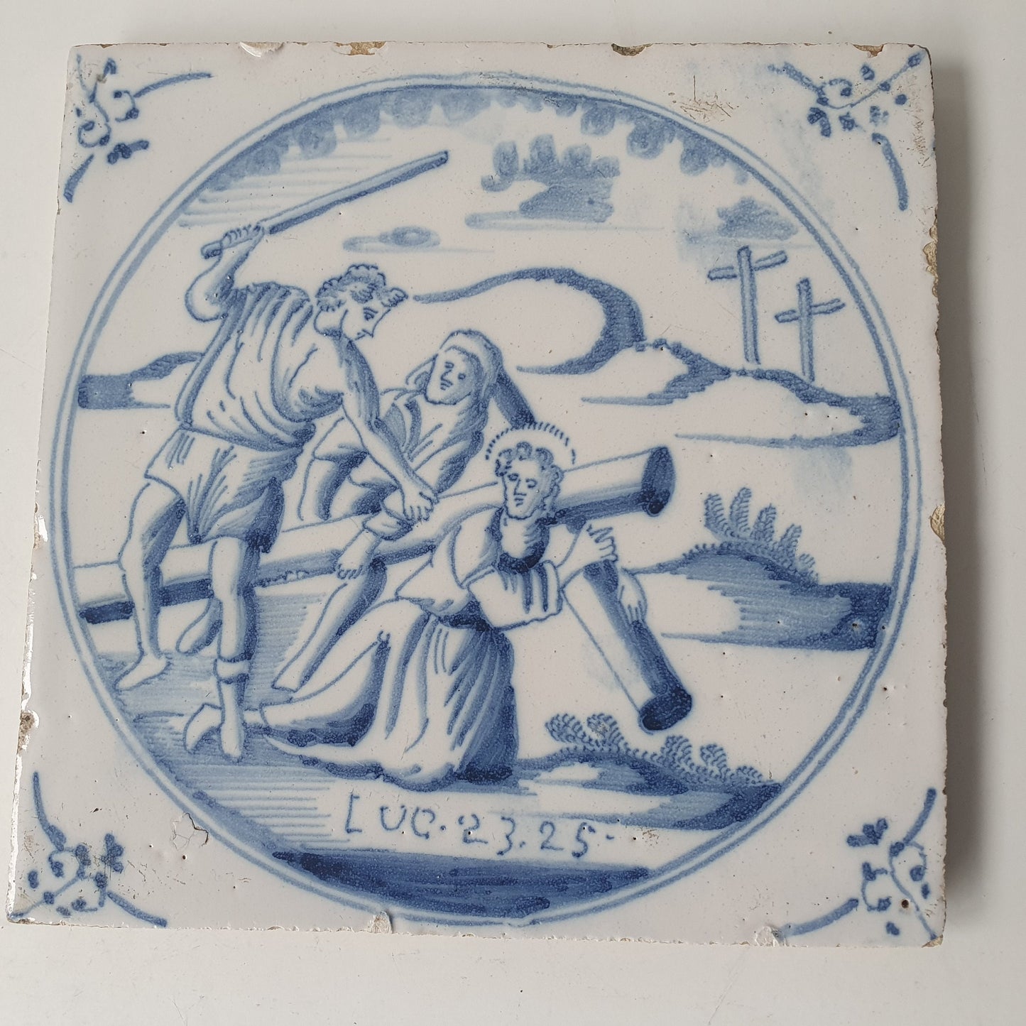 Antique Delft Blue Tile, Biblical Scene, Ox Head Motif, 1840
