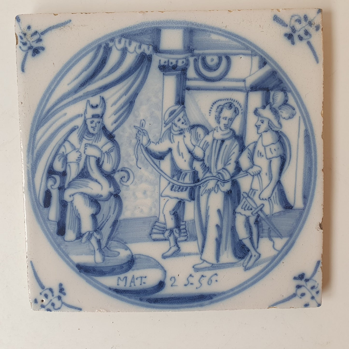 Antique Delft Blue Tile, Biblical Scene, Oxhead Motif, 1840